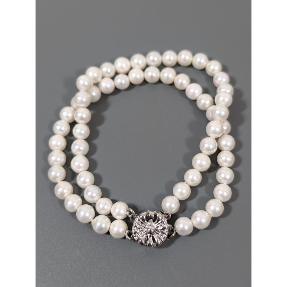 Vintage White Glass Faux Pearl Double‎ Strand Bracelet Elegant Bridal 7"